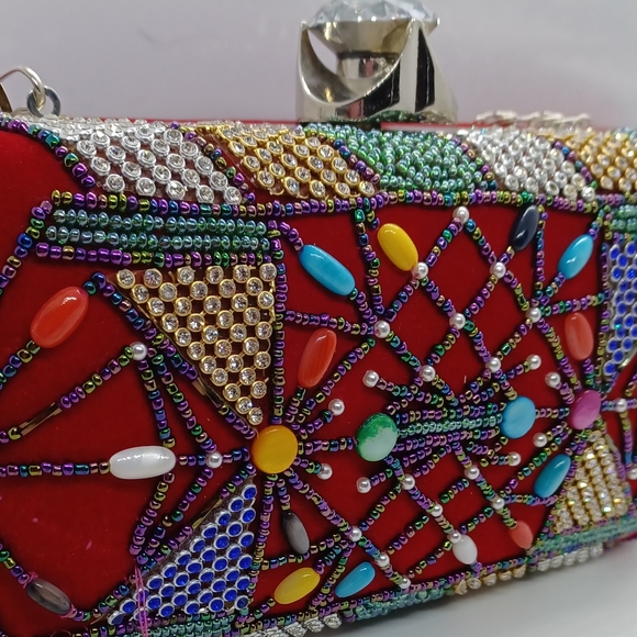 Red velour beaded clutch and lipstick holder. - Picture 2 of 11